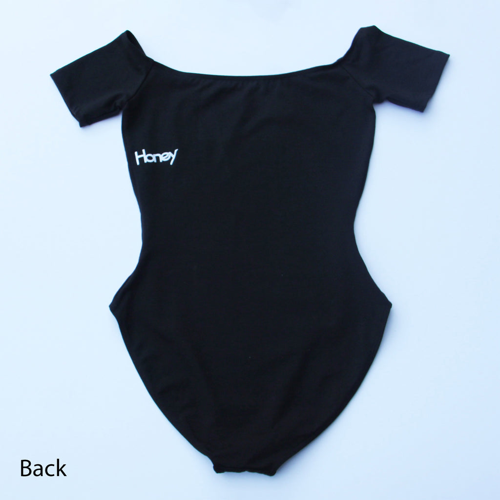 Black off-shoulder bodysuit with "Lounge Honey"